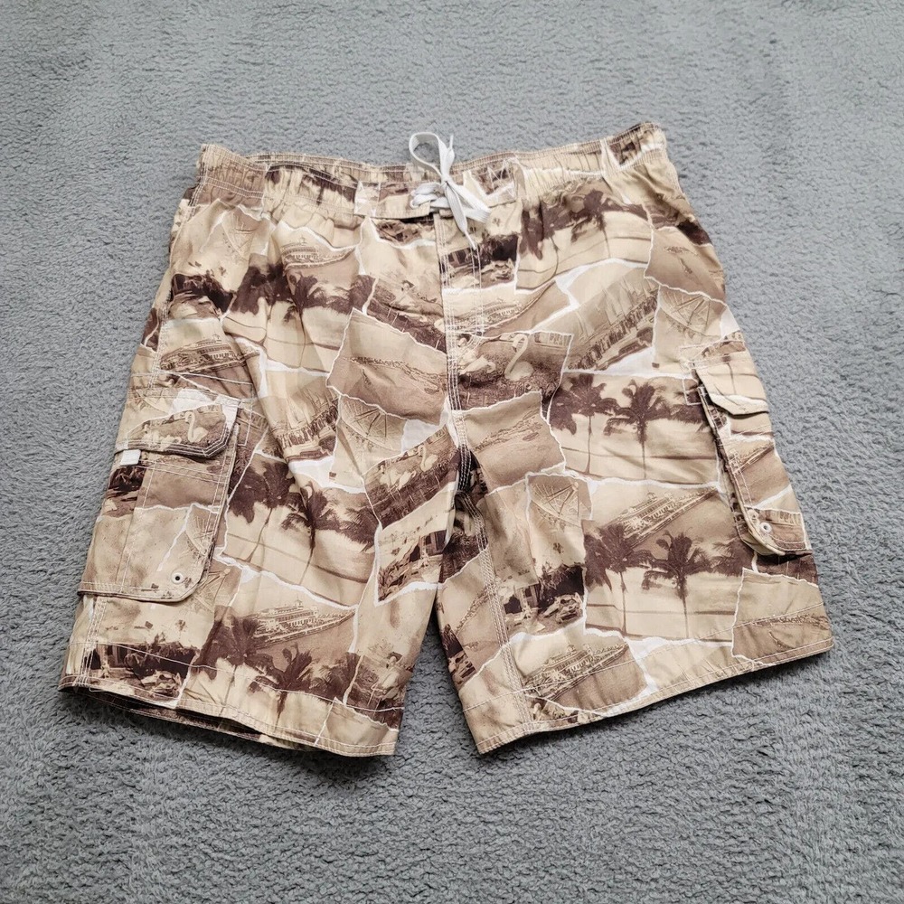 Reel Legends Shorts Mens XL Yellow Brown Swim Trunks Palm Fishing Outdoor Casual